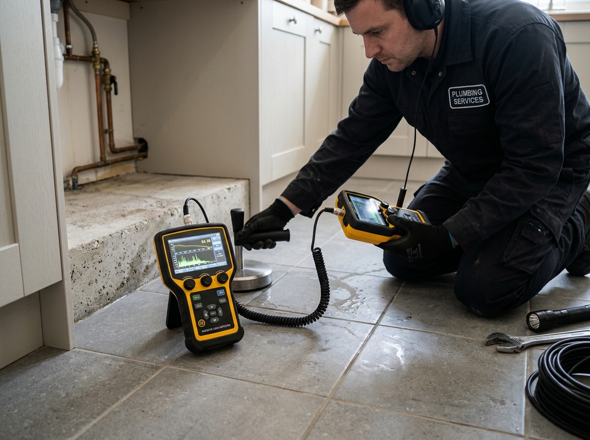 Slab leak detection equipment placed on residential flooring